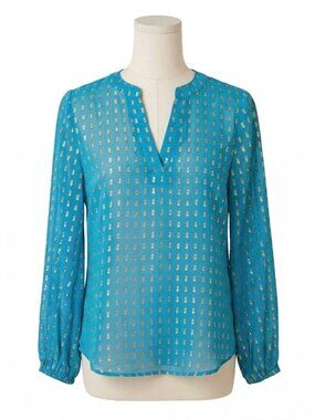 Lilly Pulitzer XS Silk Metallic Clip Dot Blue Sheer Long Sleeve Blouse Preppy
